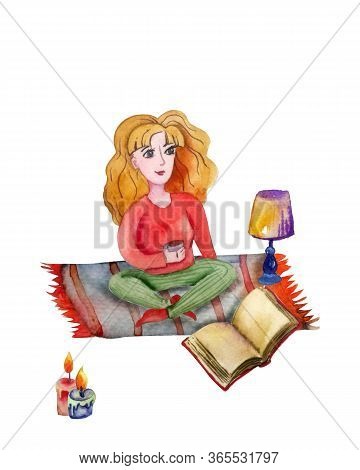 Stay Home Handdrawn Illustration. Beautiful Young Cirly Woman Enjoing Hygge Lifestyle: Pillows, Plan