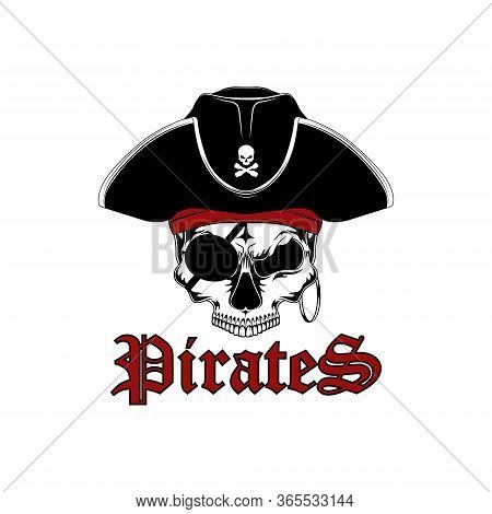 Vector Black And White Image Of A Skull In A Hat Of A Pirate Captain. Logo Image On A White Backgrou
