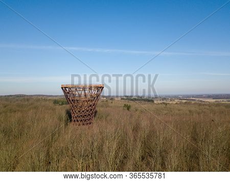 Gisselfeld, Denmark - March 25, 2020: Aerial Drone View Of The Forest Tower At Camp Adventure