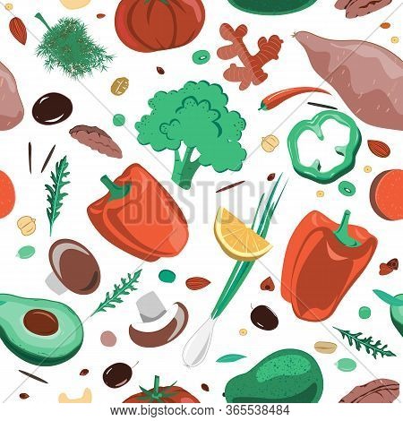 Stylish Seamless Pattern With Hand Drawn Red And Green Vegetables. Flat Pepper, Tomato, Broccoli, On