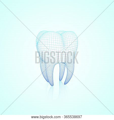 Light Blue Abstract Vector Wireframe Polygonal Mesh Tooth With Reflection, Three-quarter Front Angle