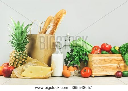 Delivery Of Grocery. Chest With Fresh Fruit And Vegetables Bright Green Dairy Meat Produce. Eco Frie