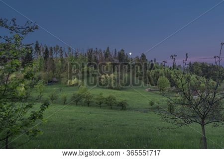 Before Sunrise With Moon And Pasture Land Near Valasska Polanka Village