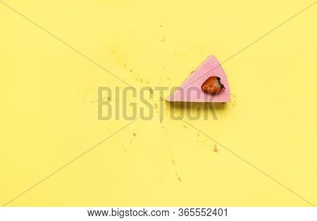 Slice Of Cheesecake With Strawberry Gelatine Filling. Last Piece Of Strawberry Cheesecake. Refreshin