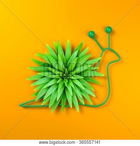 Creative Image Of A Snail With A Shell Of Lily Leaves. An Offbeat Image Of A Clam. Bright Orange Bac