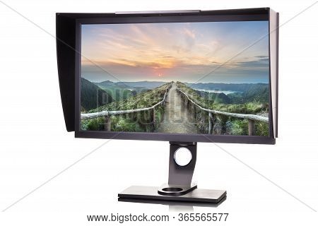 Professional Photographer Monitor With Shading Hood Isolated On White