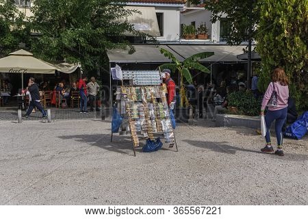 Athens, Greece - October 28 2017: Street Vendor With Greek Lottery Payslips. Day View Of Unidentifie