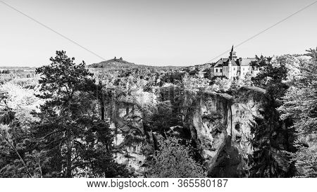 Spring Landscape Panorama Of Bohemian Paradise, Czech: Cesky Raj. Hruba Skala Castle And Trosky Ruin