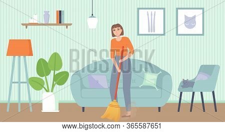 Girl Sweeping Floor. Home Chores, Household Duties, Cleaning, Concept. Stock Vector Illustration In 