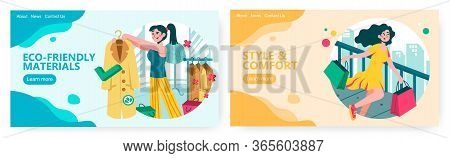 Young Woman Try Eco Friendly Coat In Fashion Clothes Store. Cruelty Free Dress Concept Illustration.