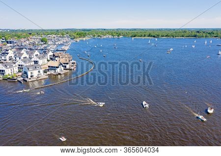 Aerial from the Loosdrechtse plassen in the Netherlands on a summer day