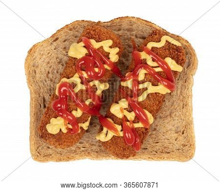 Brown Crusty Dutch Kroket With Mustard Topping Isolated, On A Piece Of Bread, On A White Background