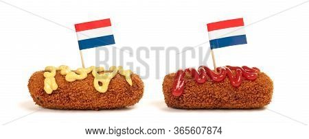 Brown Crusty Dutch Kroketten With Ketchup And Mustard Topping Isolated On A White Background