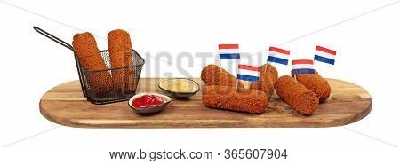 Brown Crusty Dutch Kroketten On A Serving Tray Isolated On A White Background