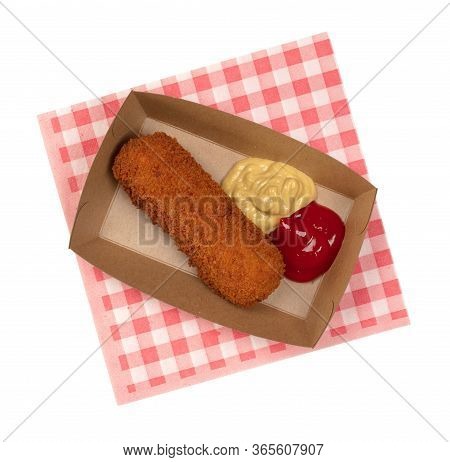 Brown Crusty Dutch Kroket With Mustard And Ketchup Isolated On A White Background