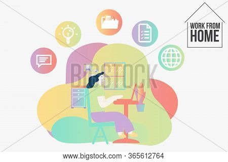 Business Woman Working At Home With Business Icons. Character Sitting At Desk In Room, Looking At Co