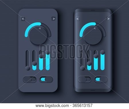 Neumorph Ui Kit On Sample Smartphone Screen. Volume Knob With Equalizer And Switches. Dark Color Set