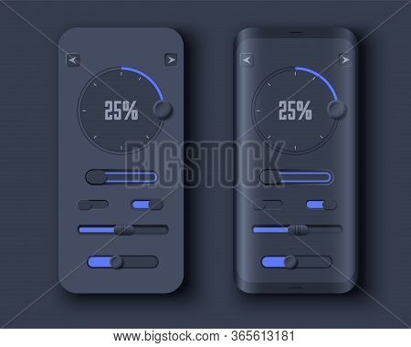 Neumorph Ui Kit On Sample Smartphone Screen. Volume Knob With Slider Bar And Switches. Dark Color Se