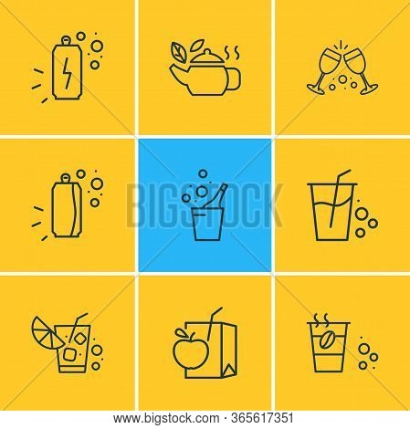 Vector Illustration Of 9 Beverages Icons Line Style. Editable Set Of Cola Can, Energetic Drink, Soft