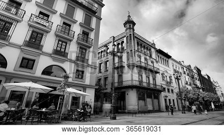 Seville, Spain - 10 February 2020 :black And White Photography Of Architecture On The Main Boulevard