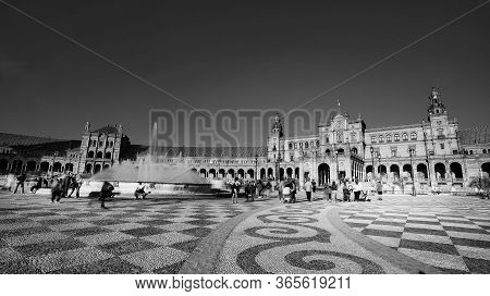 Seville, Spain - 10 February 2020 :black And White Photography Of Plaza De Espana Spain Square Archi