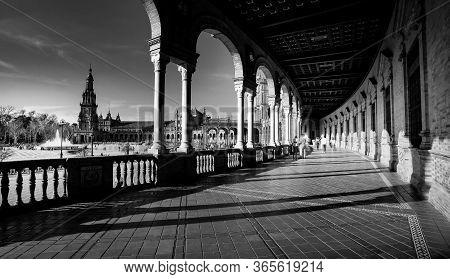 Seville, Spain - 10 February 2020 :black And White Photography Of Plaza De Espana Spain Square Archi