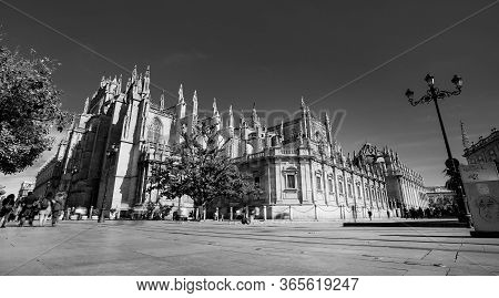 Seville, Spain - 10 February 2020 :black And White Photography Of Seville Cathedral The Biggest Ghot
