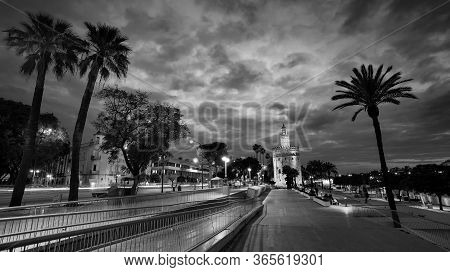 Seville, Spain - 10 February 2020 :black And White Photography Of View Of Golden Tower Torre Del Oro