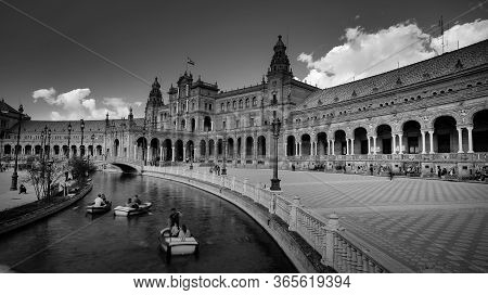 Seville, Spain - 10 February 2020 :black And White Photography Of Plaza De Espana Spain Square With 