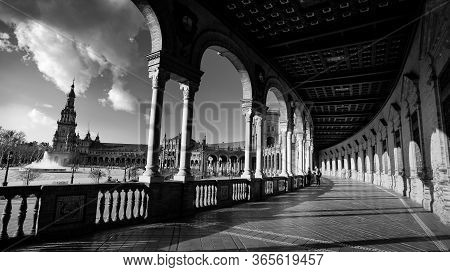 Seville, Spain - 10 February 2020 : Black And White Photography Of Plaza De Espana Spain Square Arch