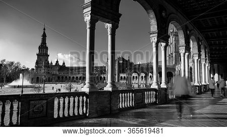 Seville, Spain - 10 February 2020 : Black And White Photography Of Plaza De Espana Spain Square Arch