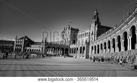 Seville, Spain - 10 February 2020 : Black And White Photography Of Plaza De Espana Spain Square Arch
