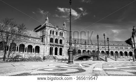 Seville, Spain - 10 February 2020 : Black And White Photography Of Plaza De Espana Spain Square Arch