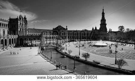 Seville, Spain - 10 February 2020 : Black And White Photography Of Plaza De Espana Spain Square With