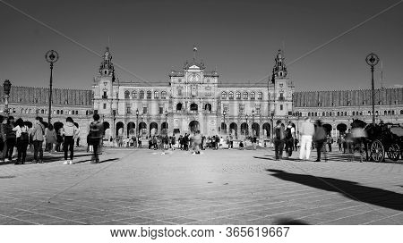 Seville, Spain - 10 February 2020 : Black And White Photography Of Plaza De Espana Spain Square Arch