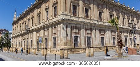 Sevilla, Spain - May 14, 2019: Panorama Of The Historic Archivo De Indias Building In Sevilla, Spain