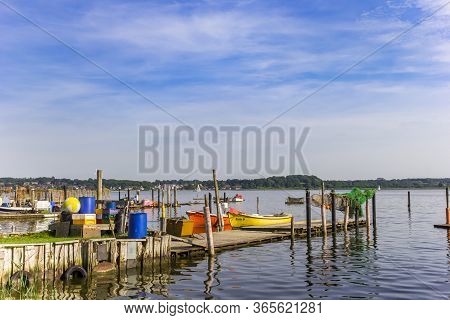 Schleswig, Germany - June 25, 2019: Panorama Of Colorful Fishing Boats At The Jetty In Holm Village 