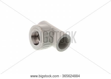 Plastic Ppr T Shape With Metal Thread Fitting And Ribbed Neck For Water Pipes, Isolated On White Bac