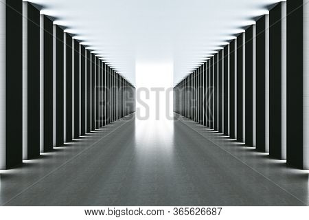 Modern Gallery Interior With Gray Columns And Daylight.