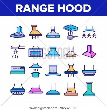 Range Hood Device Collection Icons Set Vector. Cooker Range Hood Kitchen Equipment In Different Styl