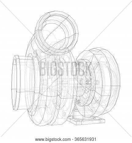 Automobile Turbocharger Concept Outline. Vector Rendering Of 3d. Wire-frame Style. The Layers Of Vis