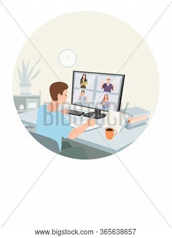 Young Man Working Or Learning At Home. Freelance, Work At Home, Online Job, Home Office, E-learning 