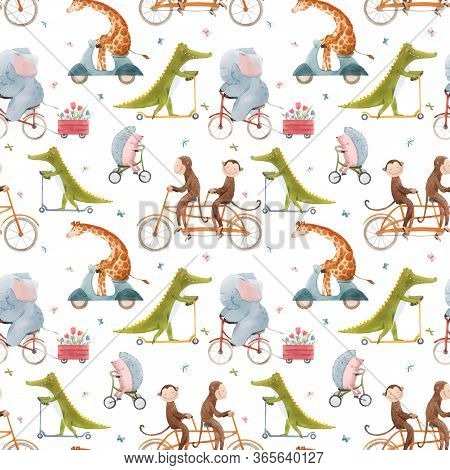 Beautiful Vector Seamless Pattern For Children With Watercolor Hand Drawn Cute Animals On Transport.