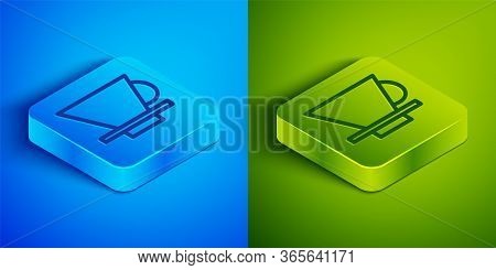 Isometric Line V60 Coffee Maker Icon Isolated On Blue And Green Background. Square Button. Vector Il