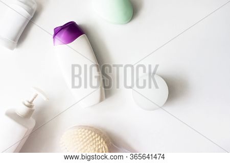 White Squeeze Tube, Bottle Of Cream, Shampoo, Soap, Cleanser, Body Brush, Container, Deodorant Flat 