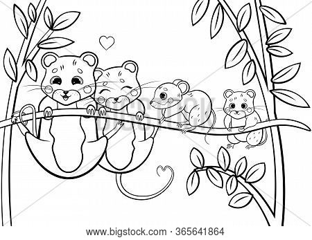 Cute Cartoon Vole Family Vector Coloring Page Outline.  Voles Hanging On Grass Blade. Forest Animals