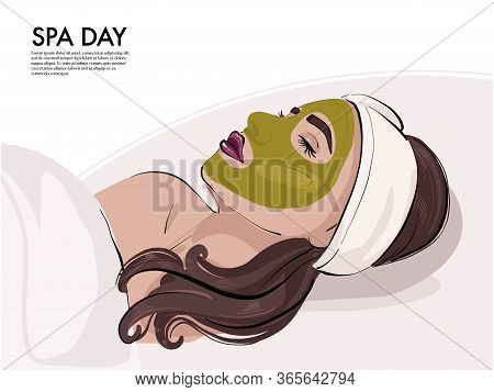 Woman With Face Mask In Cosmetology Cabinet. Natural Or Organic Facial Mask On Young Girl In Beauty 
