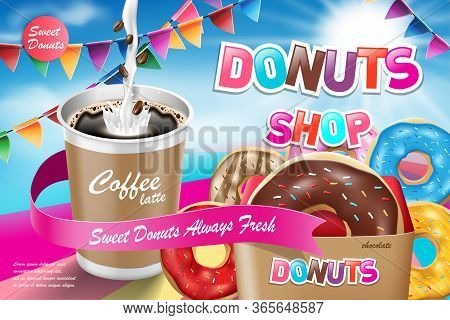 Delicious Donut Ads With Latte Coffee. Advertising For Bakery Shop Or Cafe. Chocolate Donuts On Blue