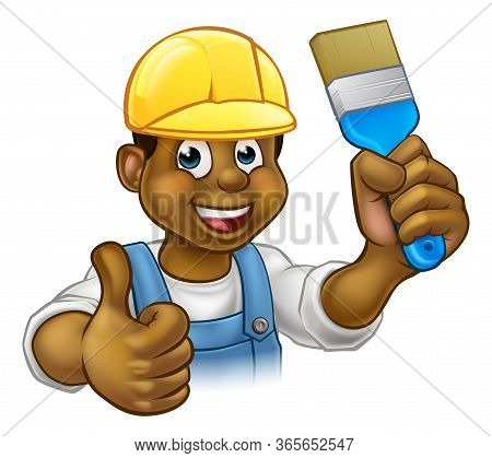 A Black Painter Decorator Handyman Cartoon Character Holding A Paintbrush And And Giving A Thumbs Up
