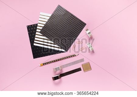 Notepad And Notebooks With Stationery. Golden, White, Pink And Black Stationery Back To School Conce